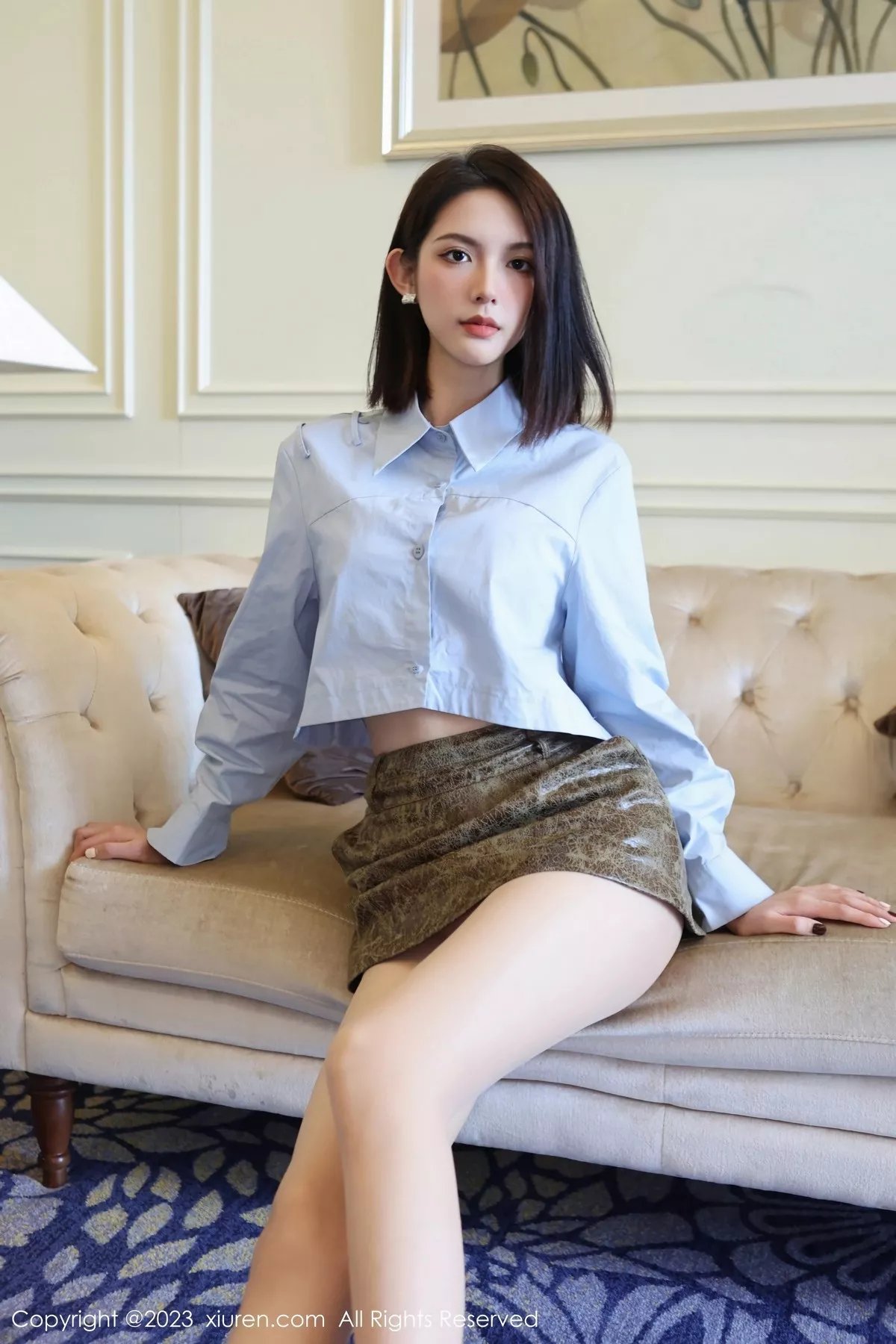 秀人集.com_[XiuRen秀人网]No.6661_模特乔一一性感浅蓝色上衣配皮质短裙露白色蕾丝内衣诱惑写真81P