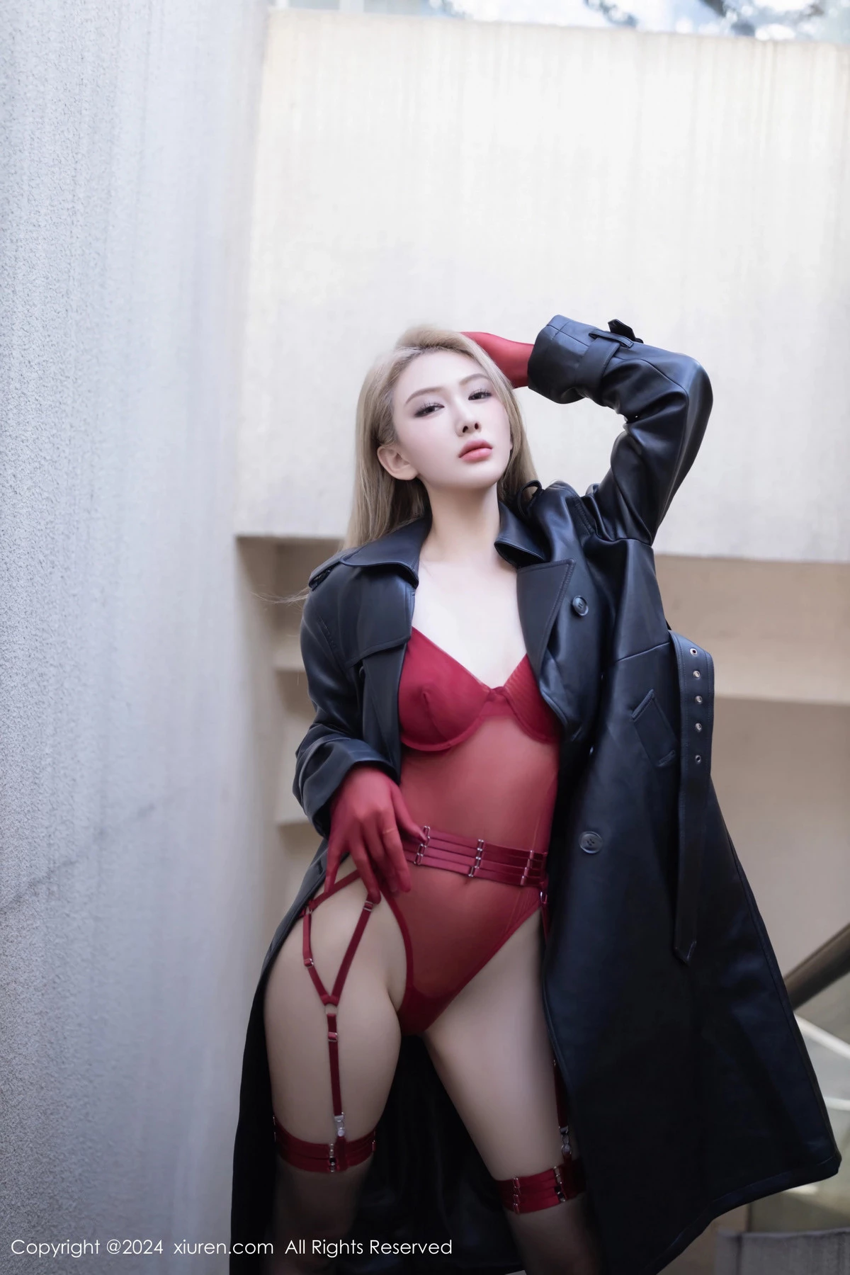 秀人集.com_[XiuRen秀人网]No.8124_模特沈青黛性感黑皮衣露红色情趣内衣配黑丝吊袜极致魅惑写真79P